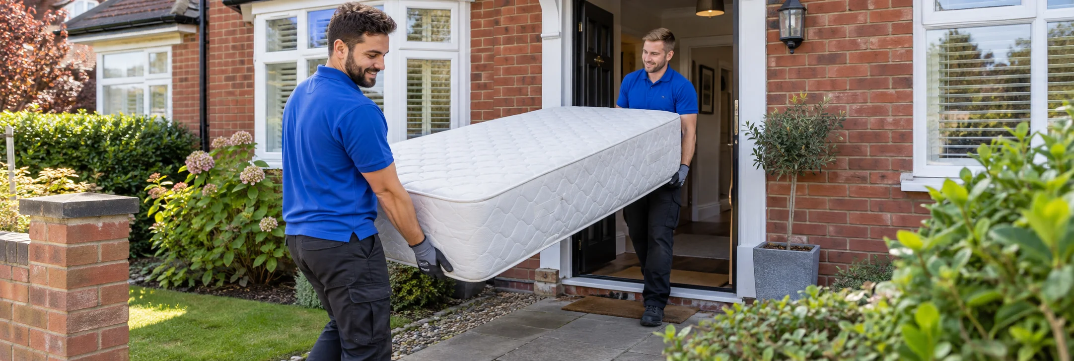 Two collection workers carrying a mattress out through a house doorway